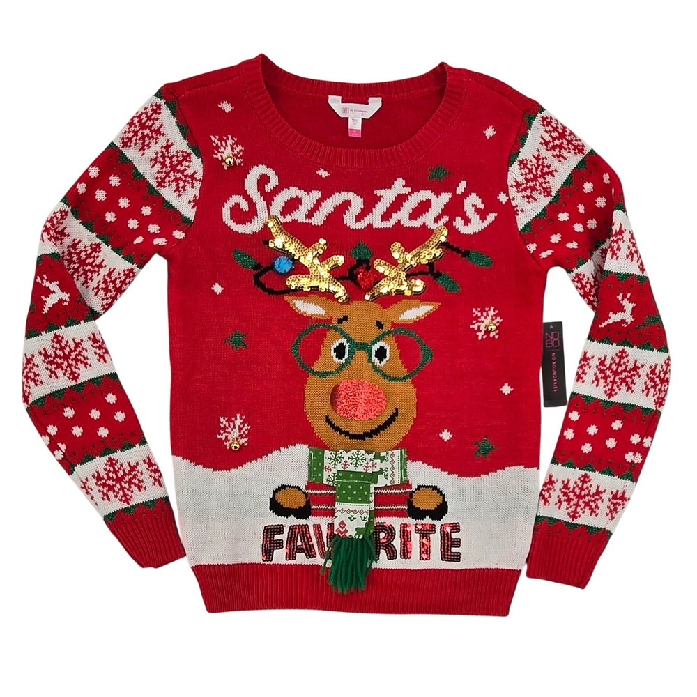 No Boundaries NWT Reindeer Santa's Favorite Ugly‎ Christmas Sweater Red Medium